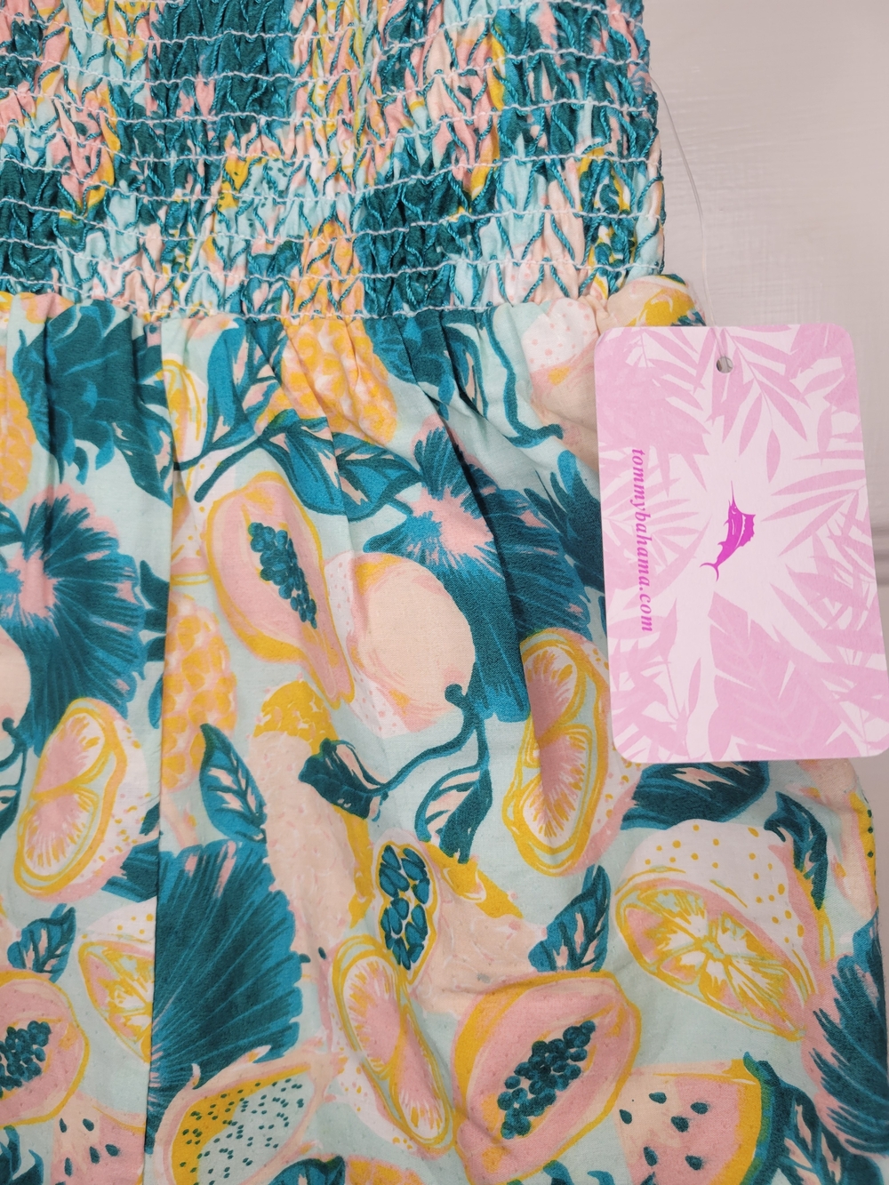 Tommy Bahama Girls Tropical Fruit Smocked Romper in Teal, Yellow & Peach - Picture 4 of 9